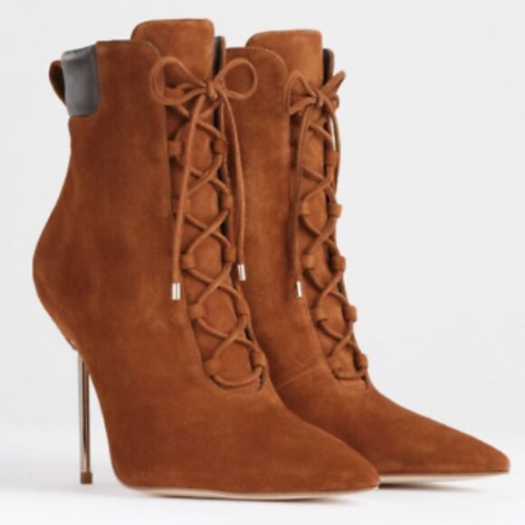 New Good American Lace Up Ankle Boots Tobacco Suede Pointed Toe - Picture 2 of 8